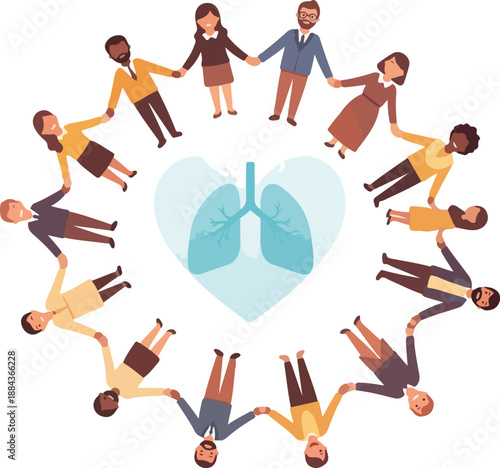 Diverse group of people holding hands in a circle around a heart-shaped lung illustration, symbolizing World Tuberculosis Day awareness. Perfect for health campaigns, educational materials,