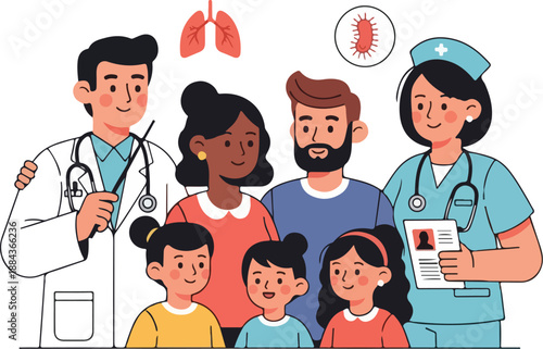 A diverse family with children and two medical professionals, standing together with a stethoscope and medical chart, on a white background with lungs and a germ illustration. Perfect for