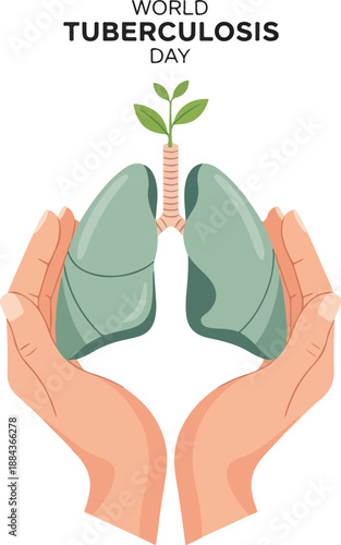 An illustration of hands cradling lungs with a sprouting plant emerging from the trachea, symbolizing health and awareness on World Tuberculosis Day. Perfect for health campaigns,