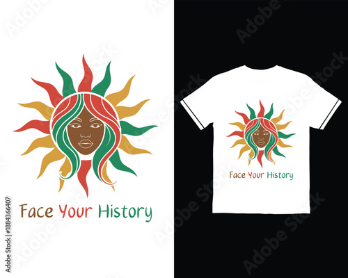 African sun goddess face with radiant rays and text