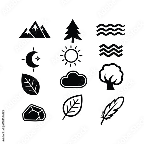 Nature symbols include mountains, tree, sun, cloud, leaf, and feather icons.