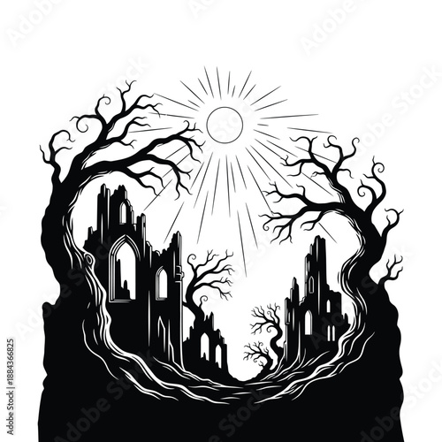 Sun shines through bare trees on ancient castle ruins landscape