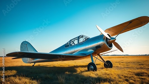 A vintage silver monoplane parked on a sunlit grass field under a clear blue sky.