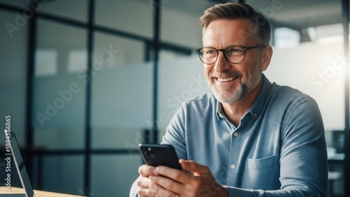 Happy Businessman Using Mobile Phone in Office