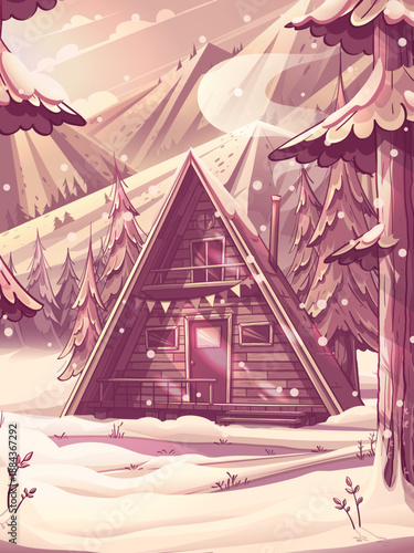 Snowy A Frame Cabin in Mountain Forest Illustration