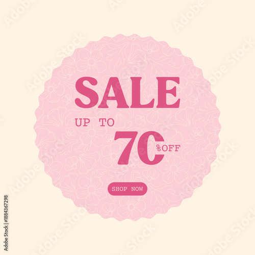 Floral sale banner with pink flowers and pastel background. Spring discount design with sale up to 70 percent off text and shop now button. Vector illustration for online shop and promotion.