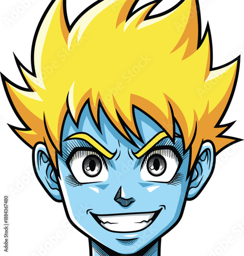 Anime style illustration of a blue skinned boy with spiky yellow hair smiling confidently, cartoon manga character portrait isolated on white background