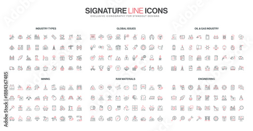 Comprehensive set of thin line icons covering engineering, mining, oil, gas, raw materials, and global issues, designed in a minimal red and black style isolated vector illustration