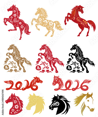 Collection of vibrant red and gold stylized horse illustrations featuring traditional Chinese New Year zodiac designs on transparent background