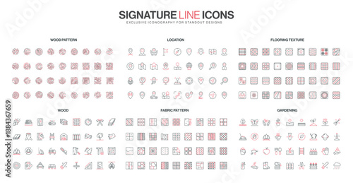 Minimalist line icons set featuring wood patterns, fabric textures, flooring designs, gardening tools, and location markers in red and black for diverse design themes isolated vector illustration