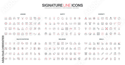 Collection of minimalist line icons covering Judaism, safety, diversity, healthy nutrition, wellbeing, and meals themes, designed in red and black for modern isolated vector illustration