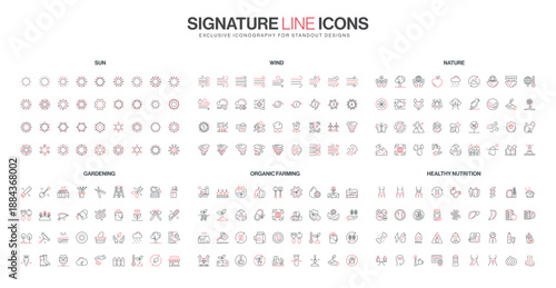Minimalist line icons featuring sun, wind, nature, gardening, organic farming, and healthy nutrition concepts in red and black for environmental and wellness themes isolated vector illustration