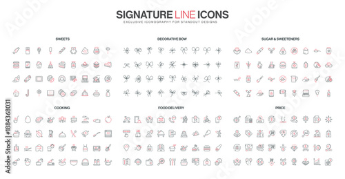 Minimalist line icons collection featuring sweets, decorative bows, sugar, sweeteners, cooking, food delivery, and price concepts in a simple modern style isolated vector illustration