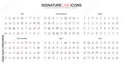 Collection of thin line icons themed around wine, casino gambling, drinks, event planning, beer, and price with simple red and black accents isolated vector illustration