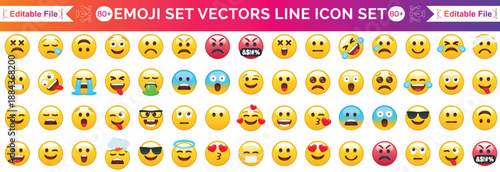 Big set of emoticons. Funny emoticons faces with facial expressions. Full editable vector icons. Detailed emoji icons. Emoji set.
