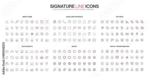 Red black thin line icons set featuring smart home, digital transformation, tech gadgets, gears, settings, basic user interface, for web, mobile app, technology design projects vector illustration