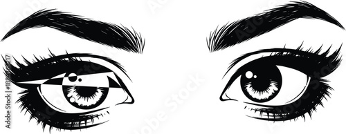 Stylish female eyes illustration, bold eyelashes and eyebrows design showing beauty fashion makeup emotion vision concept isolated on white background