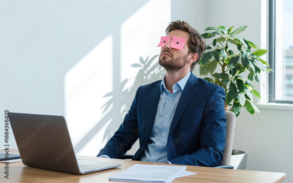 Naklejka premium Man in suit relaxes, eyes covered by pink sticky notes at office desk.