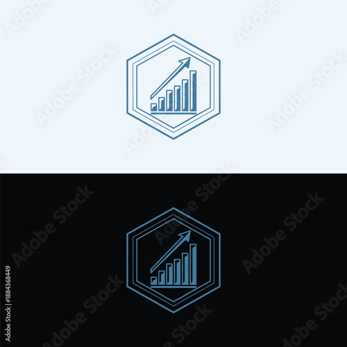 A dynamic outlined bar chart with an upward arrow, representing consistent growth, is cleanly enclosed within a hexagon on a light blue and a dark black split background.