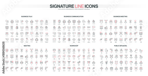 Collection of thin line icons showing business talk, communication, meetings, workshops, and public speaking concepts, suitable for professional and corporate themes isolated vector illustration