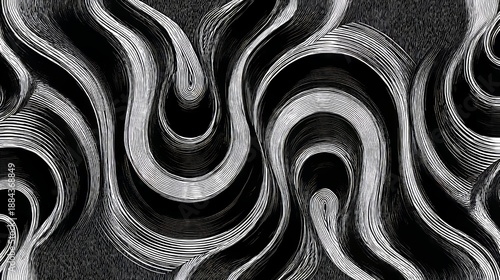 Monochrome curved stripes seamless pattern with metallic effect, abstract flowing lines design with reflective surface, modern texture and decorative background for graphic, industrial and artistic co
