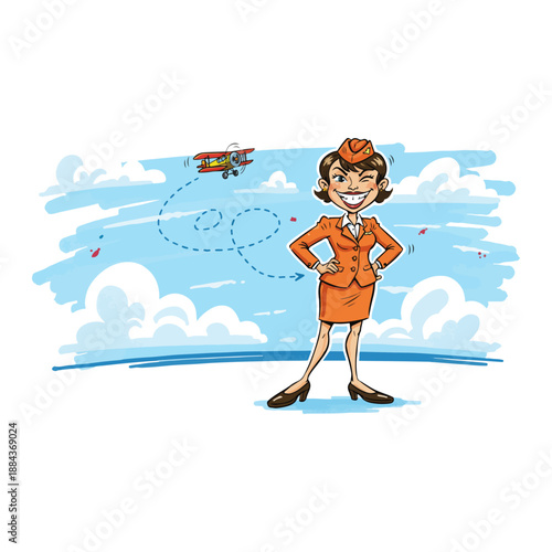 Cartoon Flight Attendant Woman Standing Confidently.