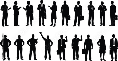 Business silhouettes, professional team, corporate professionals, formal attire, diverse group, office culture, leadership, teamwork, confident posture, unity