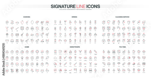 Line style icon set covers cooking, drinks, cleaning, home, sweeteners, and tea time themes with detailed objects and utensils for diverse household concepts isolated vector illustration