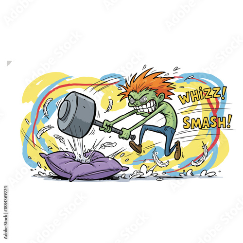 Angry green monster smashing a pillow with a hammer.