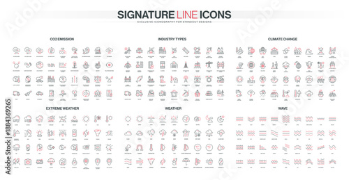 Comprehensive set of thin line icons covering CO2 emission, industry types, climate change, extreme weather, meteorology, and wave patterns isolated vector illustration