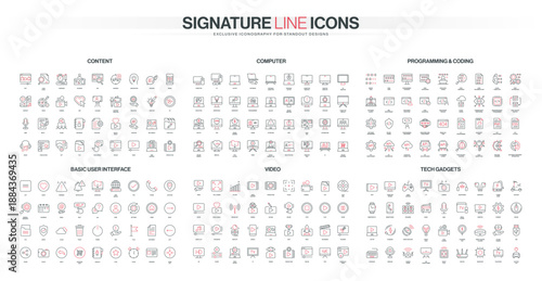 Modern line icons collection covers content creation, computers, coding, user interface, video production, and tech gadgets in a minimal red-black style isolated vector illustration