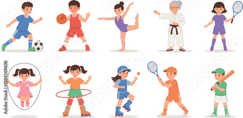 Vector illustration set of active kids and senior performing various sports and physical activities