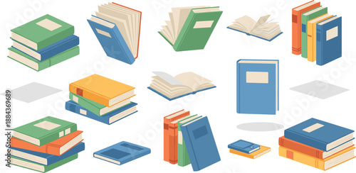 Vector illustration set of colorful books in stacks and open positions for library and education