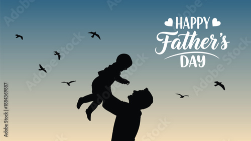 Greeting card vector illustration of a happy Father's Day, featuring a silhouette of a girl with her father and birds.