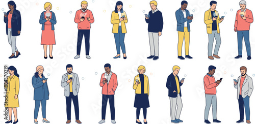 Vector illustration set of diverse people standing and using smartphones or mobile devices