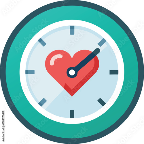 Time of the Heart: A vibrant clock, marked with a heartwarming design of a red heart at the center, symbolizes love, time, and well-being. Its elegant hands trace the moments with care. 
