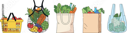 Vector illustration set of grocery bags and baskets filled with fresh healthy vegetables