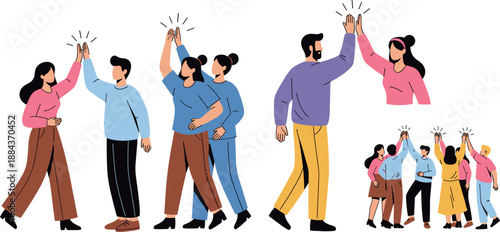 Vector illustration set of happy diverse people giving high five celebrating teamwork and success