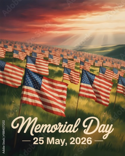 inematic Memorial Day Tribute: American Flags Across a Rolling Sunset Field