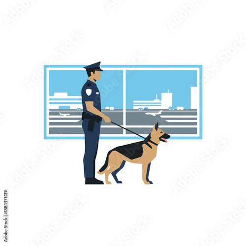 Police Officer with German Shepherd Dog Security Patrol.