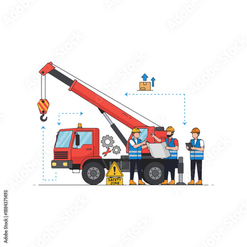 Construction workers operating a red crane truck.