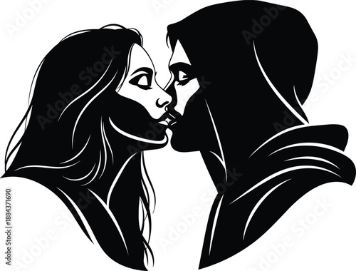 Black And White Vector Silhouette Of A Young Romantic Couple Kissing Featuring A Woman With Long Hair And A Man In Hoodie
