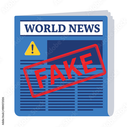 Newspaper with the headline "WORLD NEWS" stamped with a red "FAKE" warning, illustrating fake news and misinformation. Bold vector graphic for media literacy.