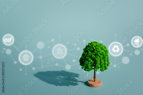 Sustainability and ESG concept. Green tree surrounded by environmental and technology icons, symbolizing renewable energy, carbon reduction, responsibility, innovation, and sustainable development