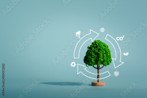 Circular economy and sustainability concept. Green tree surrounded by recycling arrows and environmental icons, symbolizing carbon reduction, renewable resources, climate action
