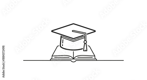 Minimalist black line art illustration depicting a graduation cap resting upon an open book signifying academic achievement and learning concepts in education.