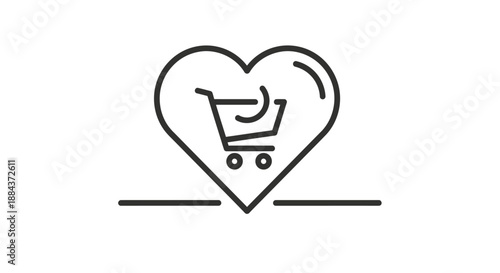 Minimalist black and white outline icon symbolizing customer preference for online shopping represented by a heart enclosing a small grocery cart.