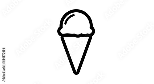 Simple black outline icon representing a single scoop of frozen dairy dessert served deliciously within a traditional pointed waffle cone symbolizes sweet refreshment.