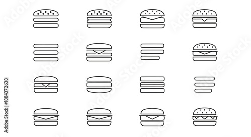 Collection of sixteen minimalist outline icons representing various styles of delicious hamburgers and simple stacked line menu symbols for web use.