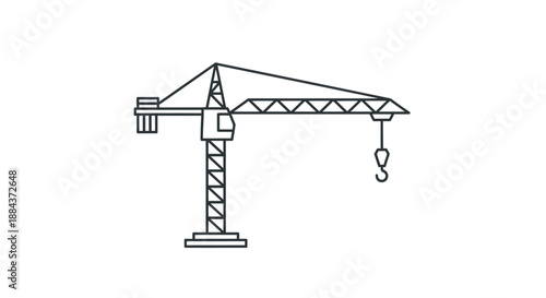 Simple black and white line art icon depicting a tower crane structure used for lifting heavy materials on a construction site for development projects.